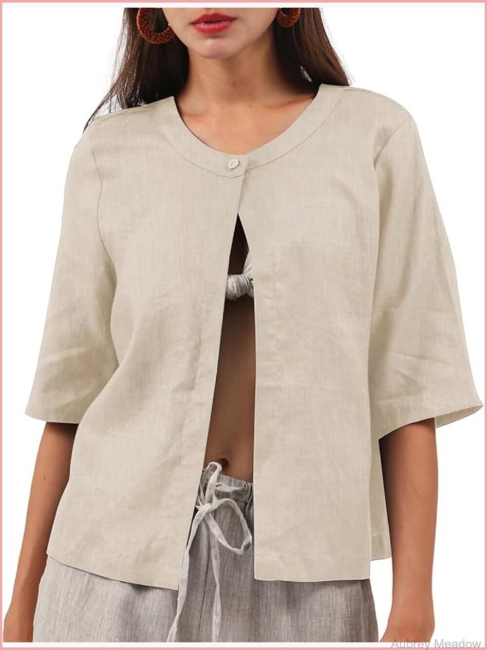 Pure Linen Open Front Cropped Cardigan Elbow Sleeve Summer Jacket